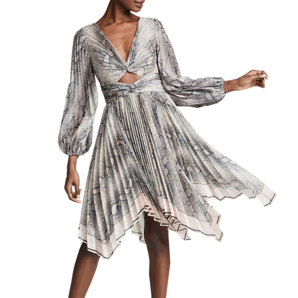 ZIMMERMANN Grey Corsage Snake Print Pleated Mini Dress